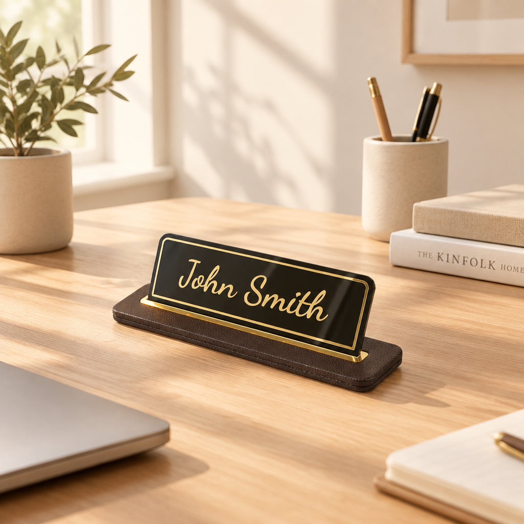 Leather Desk Nameplate Black Gold Detailed