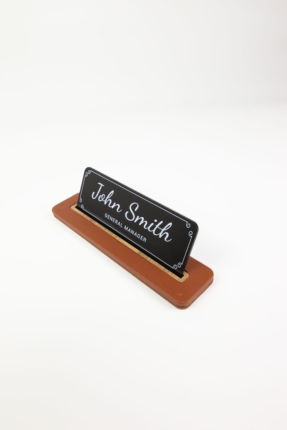 Leather Desk Nameplate Black Wood Detailed