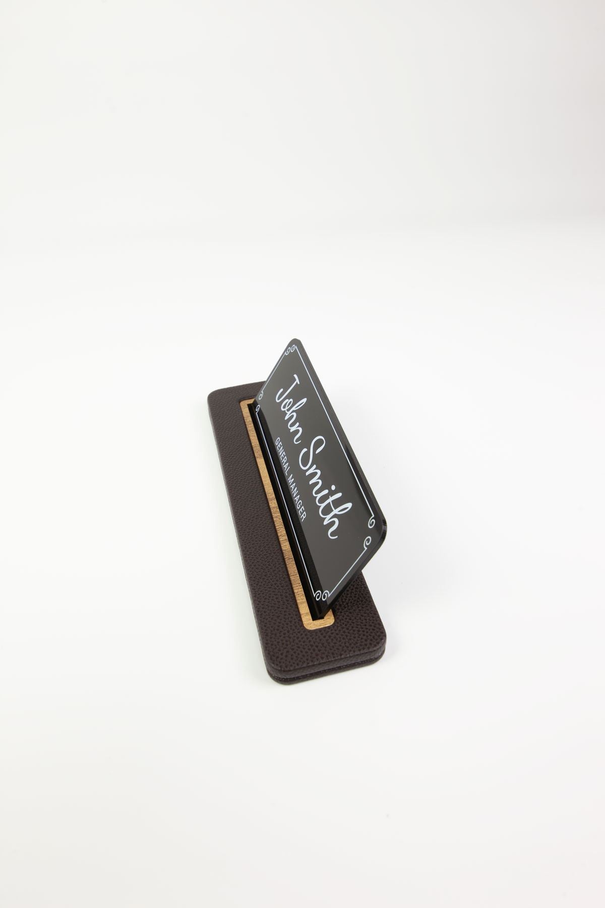 Leather Desk Nameplate Black Wood Detailed