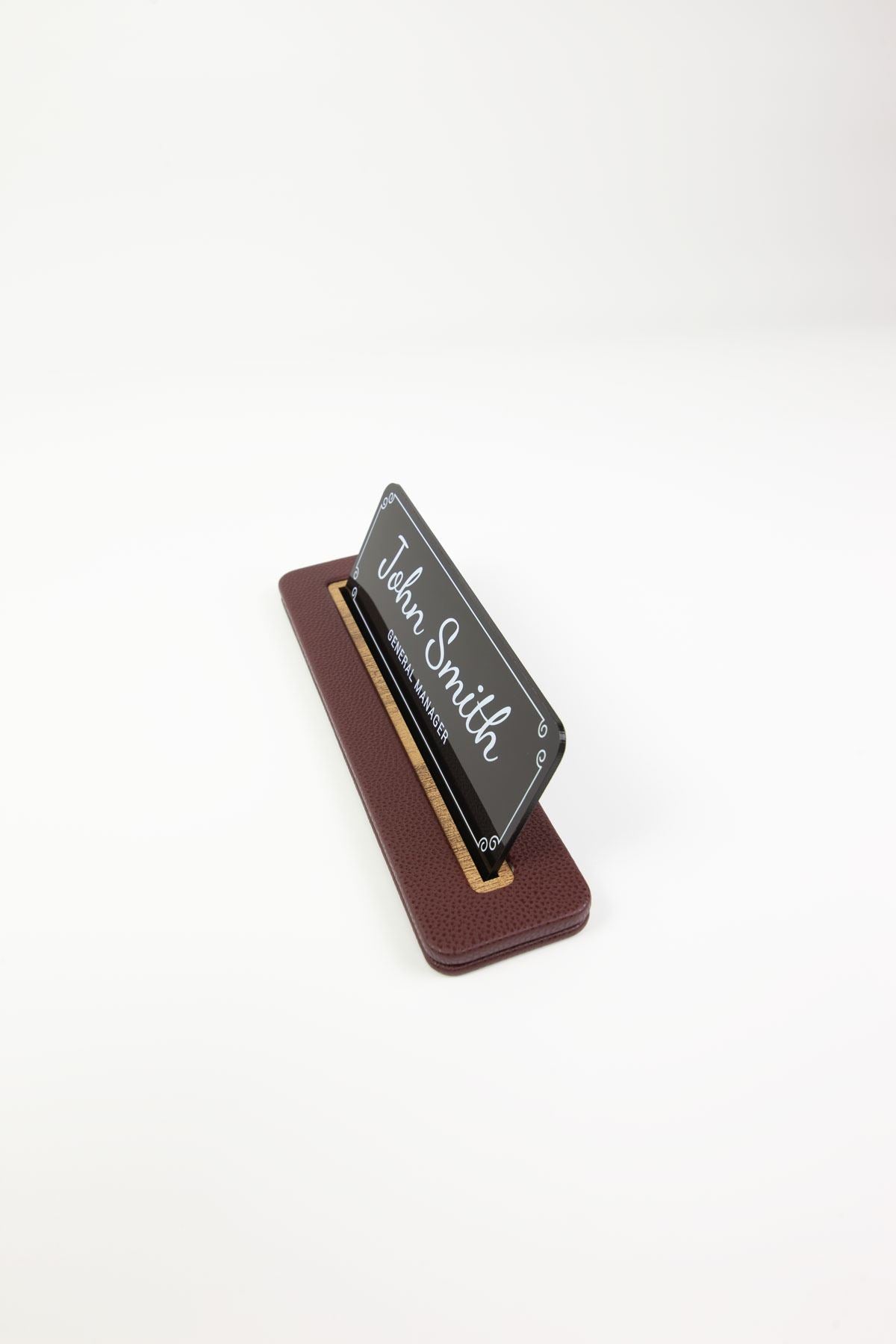 Leather Desk Nameplate Black Wood Detailed