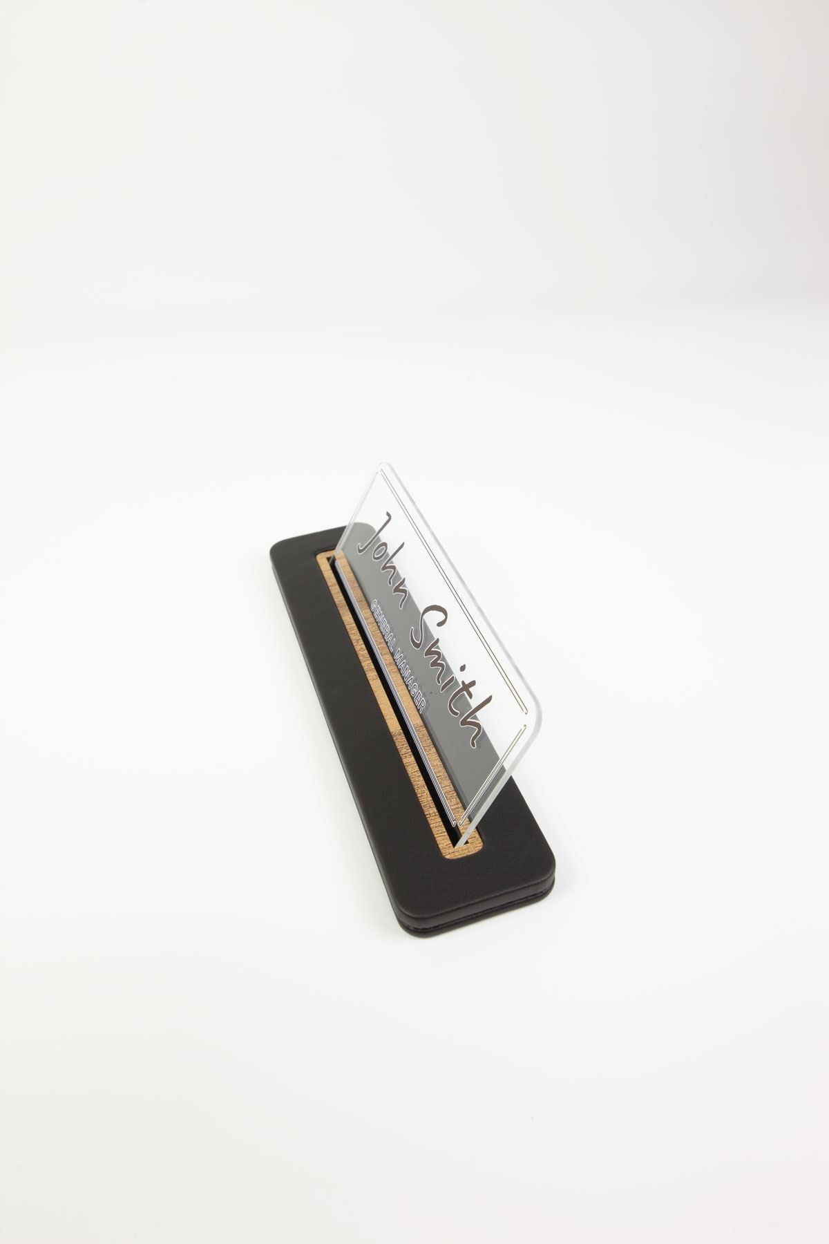 Leather Desk Nameplate Black Wood Detailed