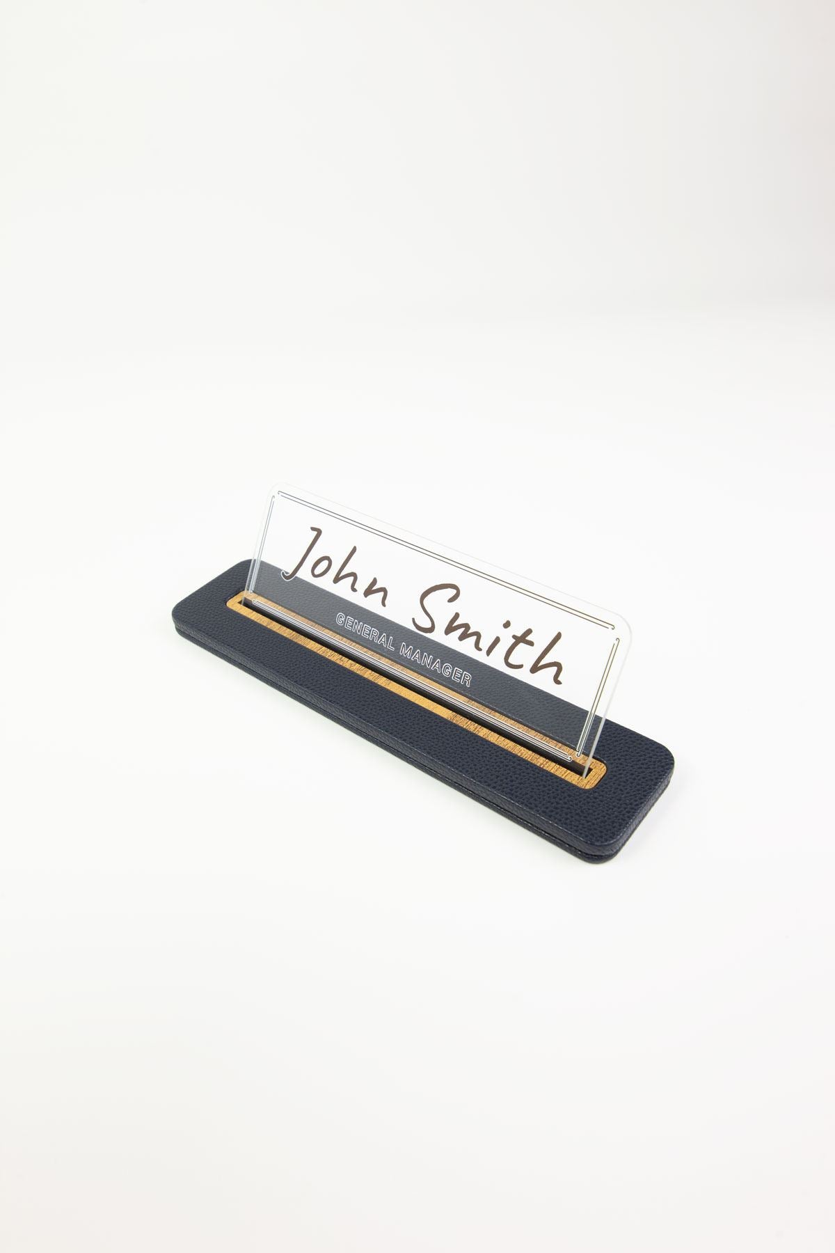 Leather Desk Nameplate Black Wood Detailed