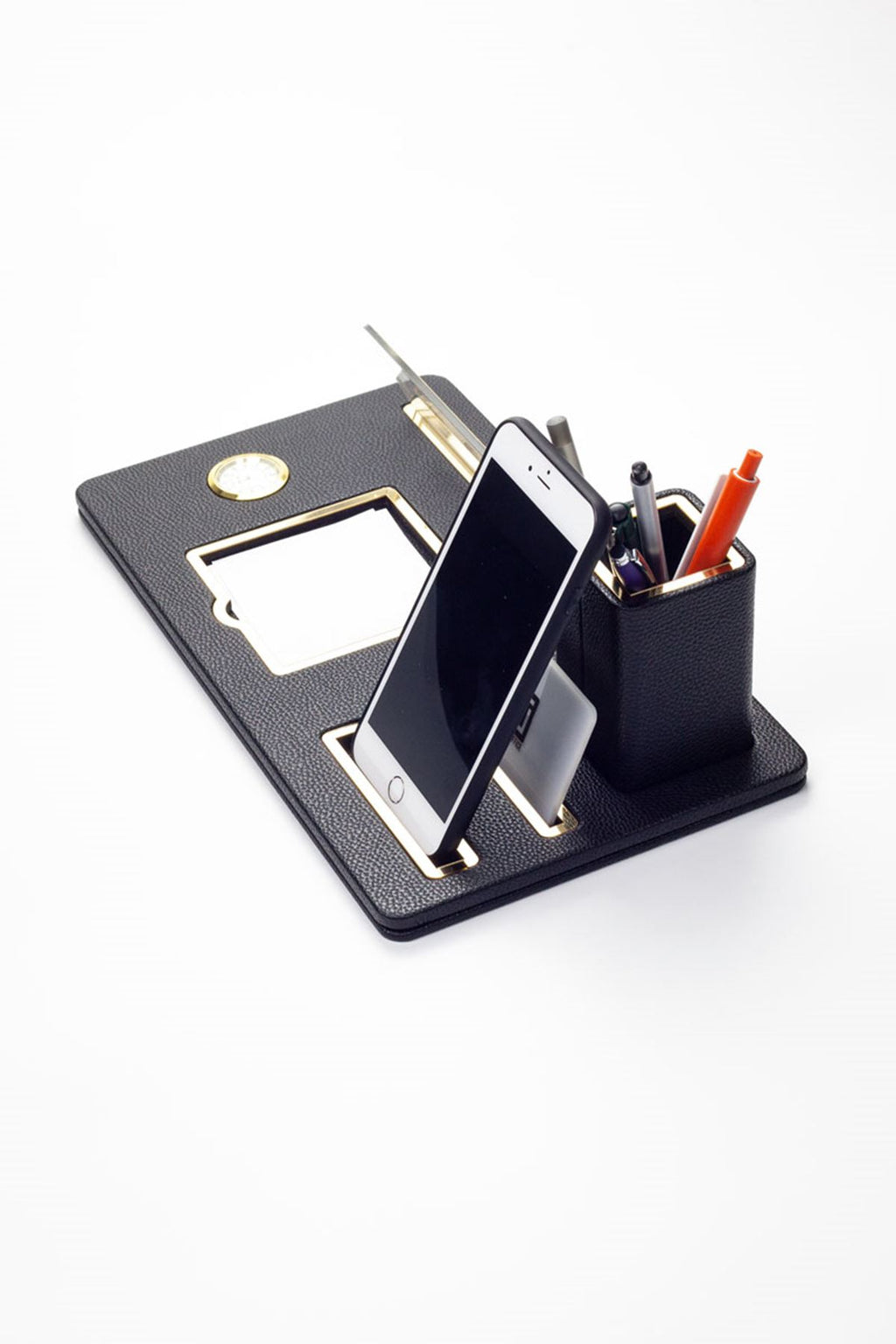 Desktop Nameplate Leather Organizer Black Gold Detailed Clock and Pen Holder
