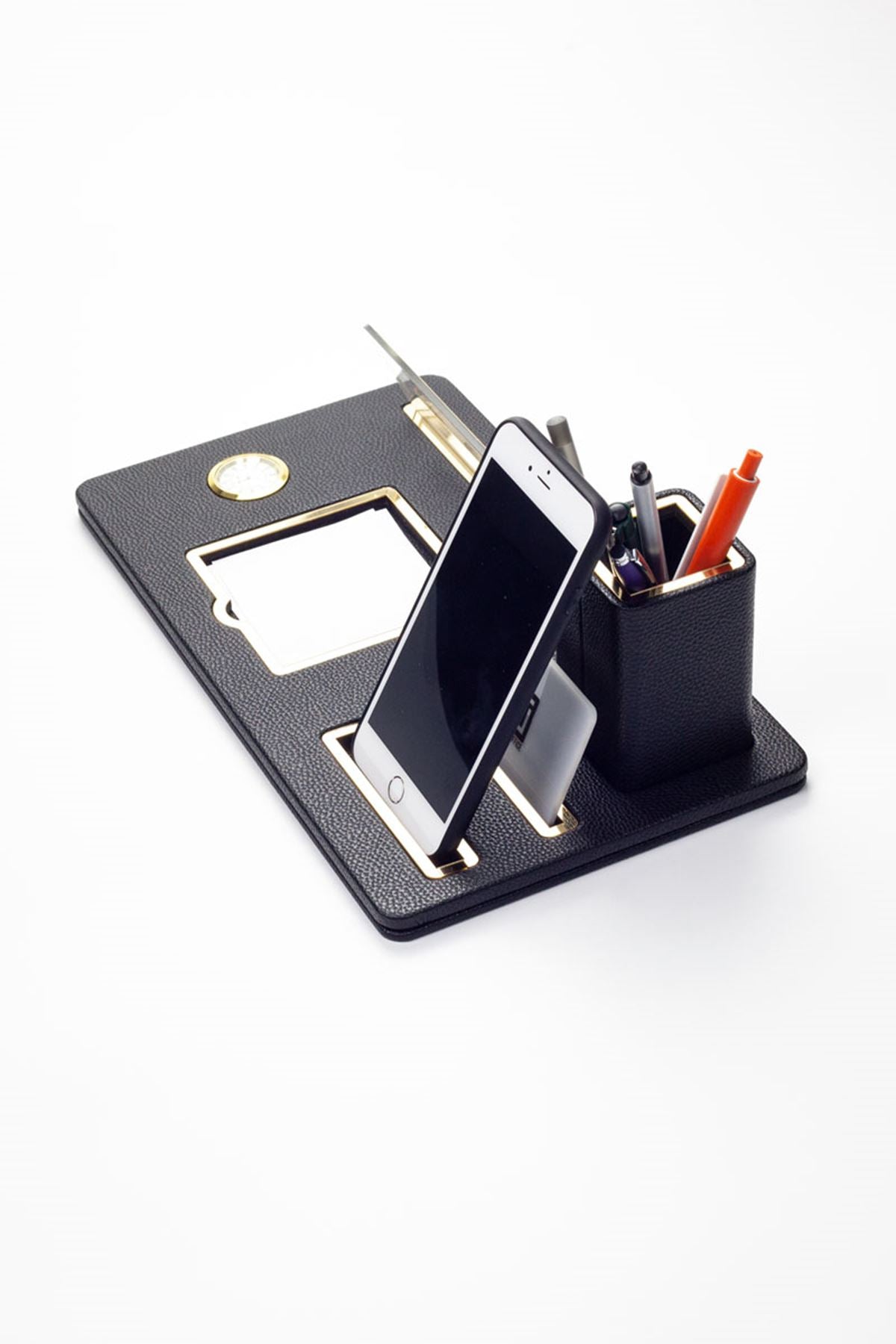 Desktop Nameplate Leather Organizer Black Gold Detailed Clock and Pen Holder