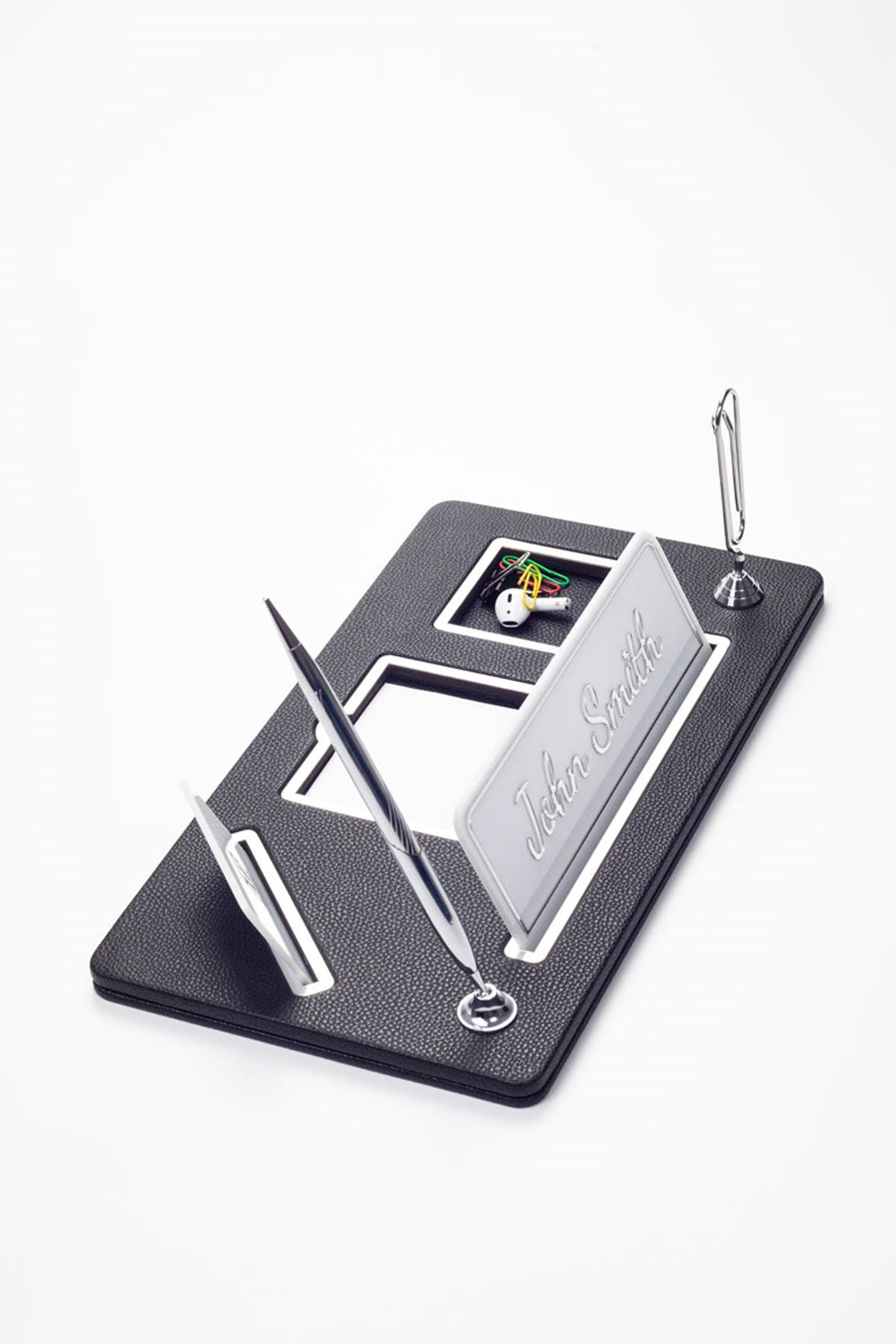 Organizer Leather Desk Nameplate Chrome Detailed