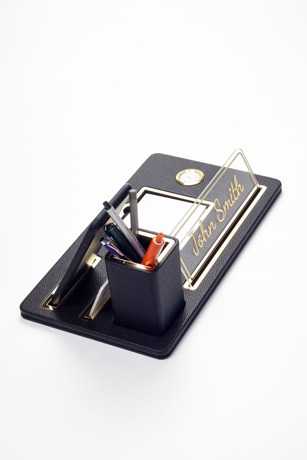 Desktop Nameplate Leather Organizer Black Gold Detailed Clock and Pen Holder