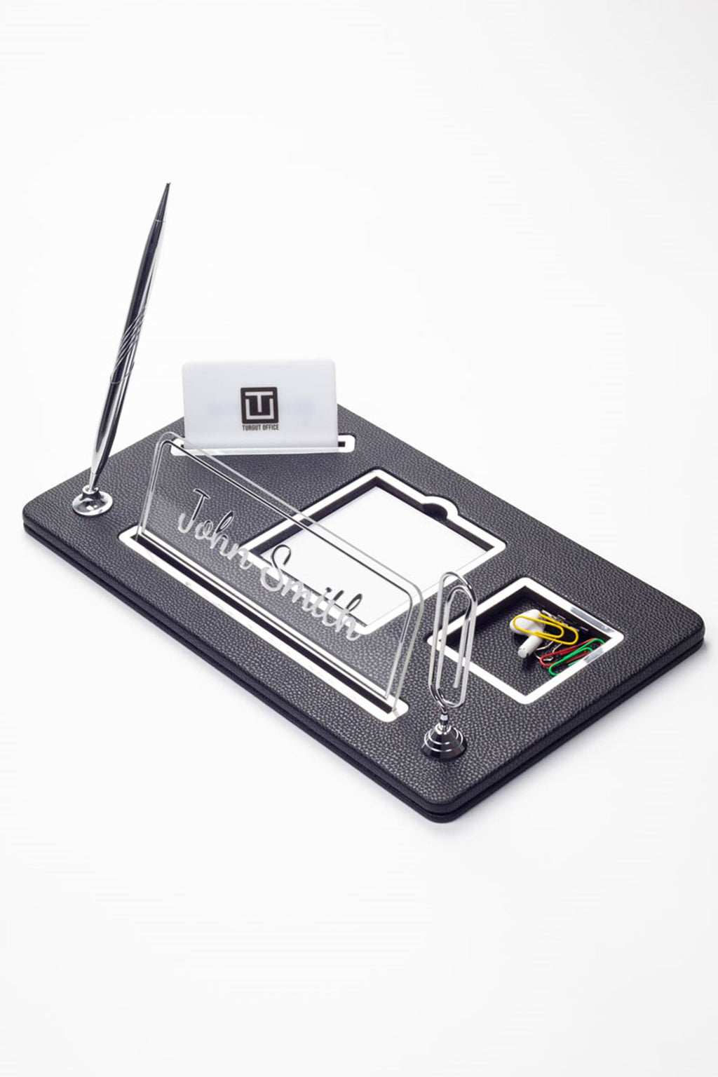 Organizer Leather Desk Nameplate Chrome Detailed