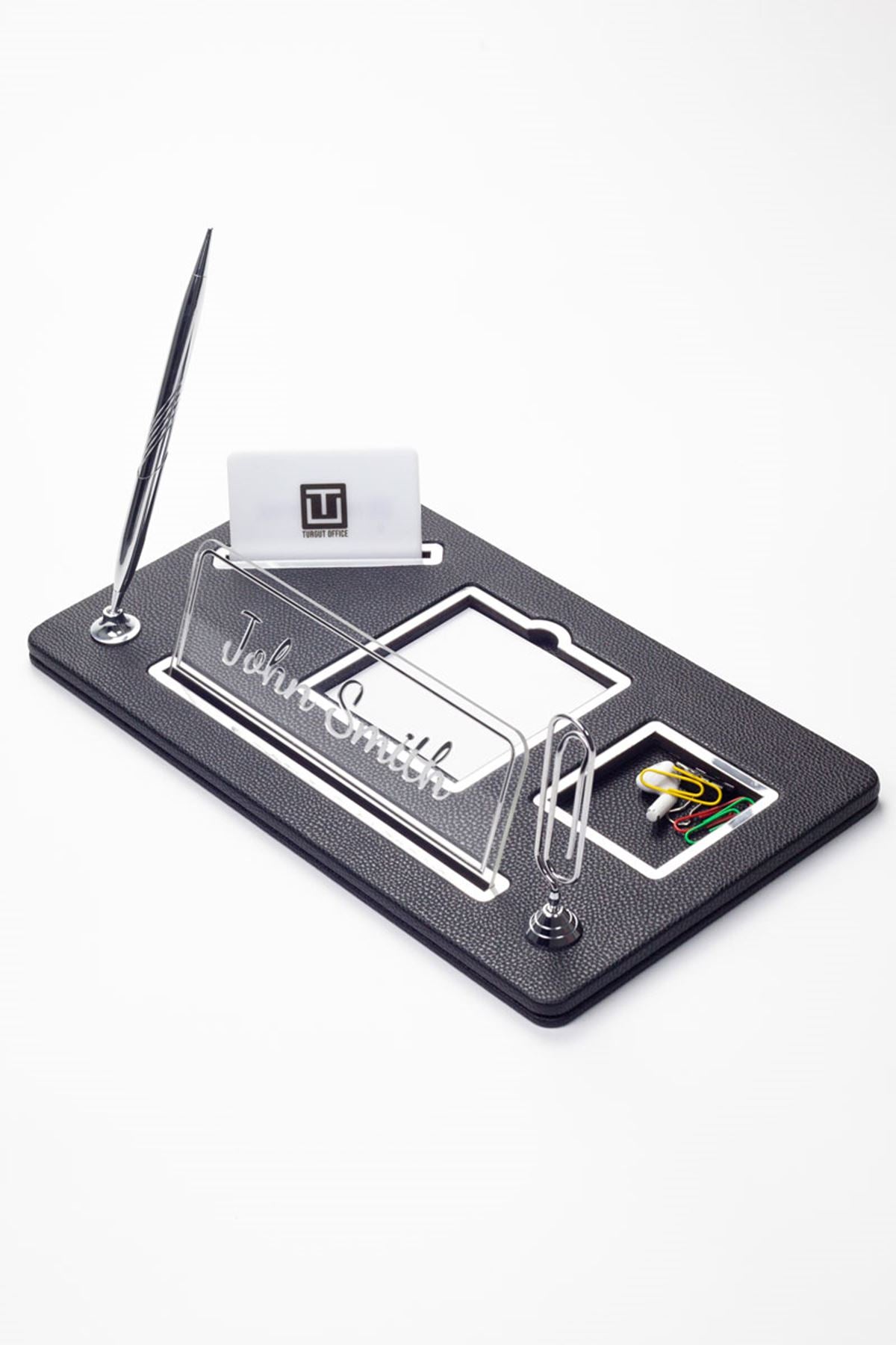 Organizer Leather Desk Nameplate Chrome Detailed