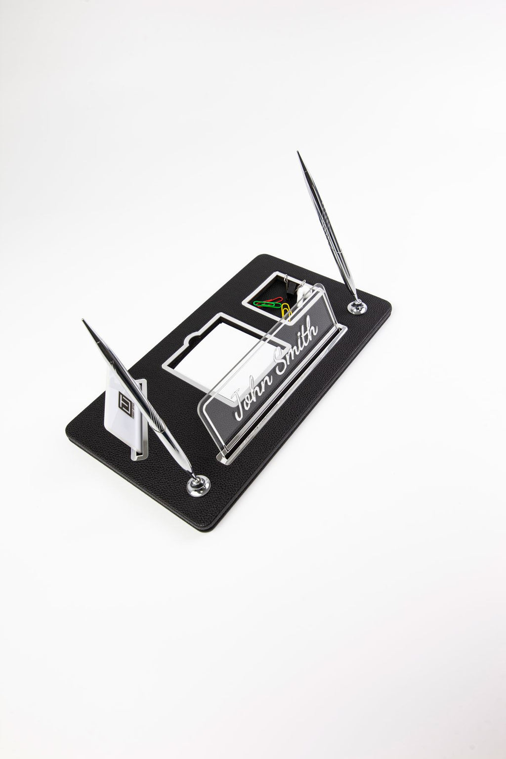 Organizer Leather Desk Name Holder with Two Pens Black Chrome Detailed