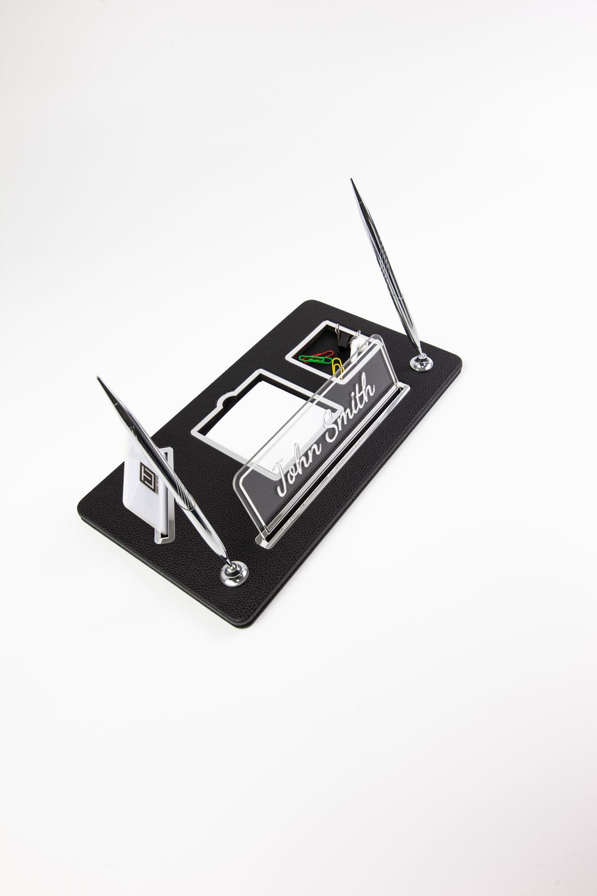 Organizer Leather Desk Name Holder with Two Pens Black Chrome Detailed