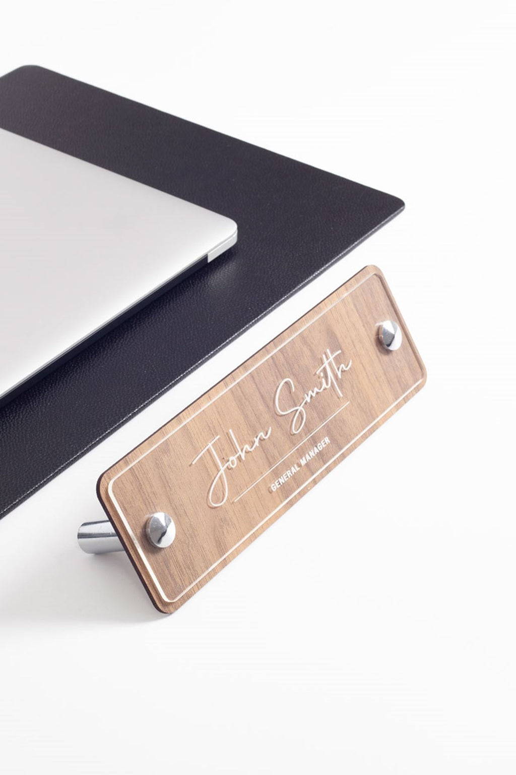 Wooden Desk Name Holder Chrome Detailed Laser Engraving