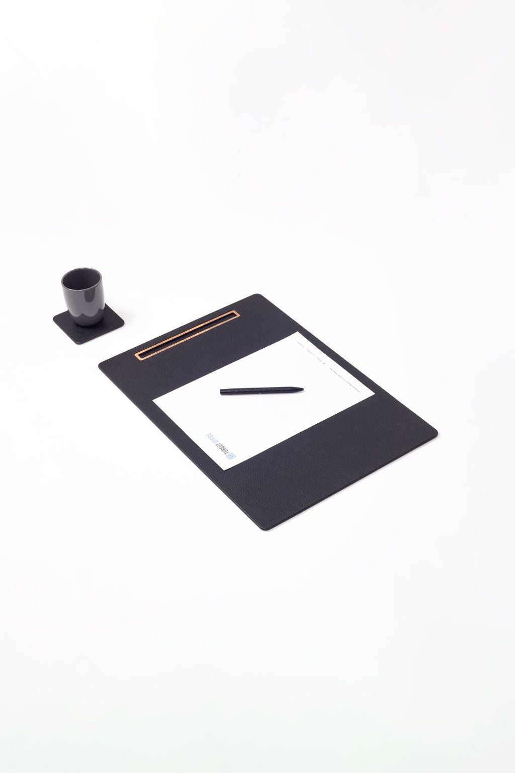 Leather Meeting Desk Black Vertical Wooden Detail 49x34cm