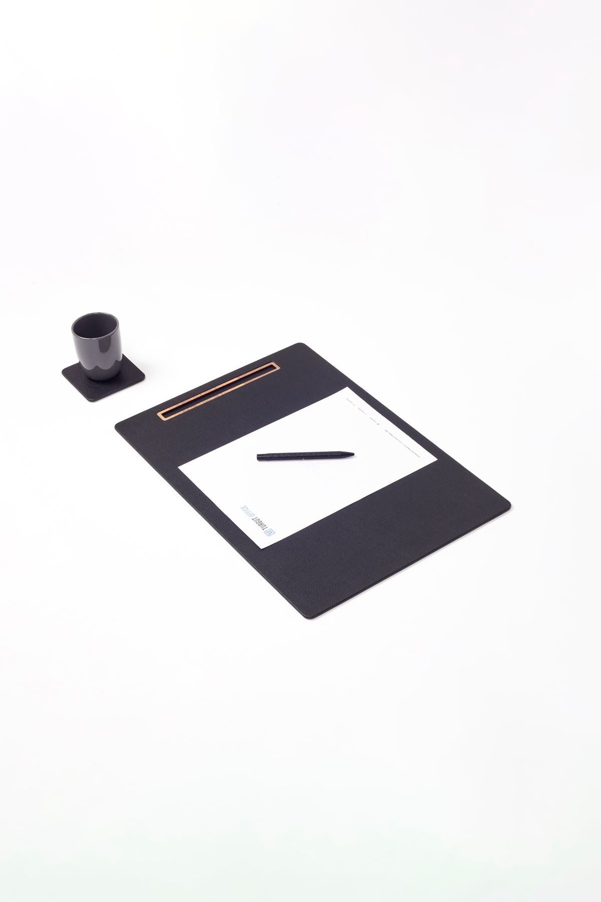 Leather Meeting Desk Black Vertical Wooden Detail 49x34cm