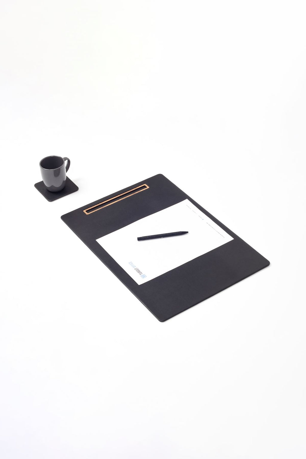 Leather Meeting Desk Black Vertical Wooden Detail 49x34cm