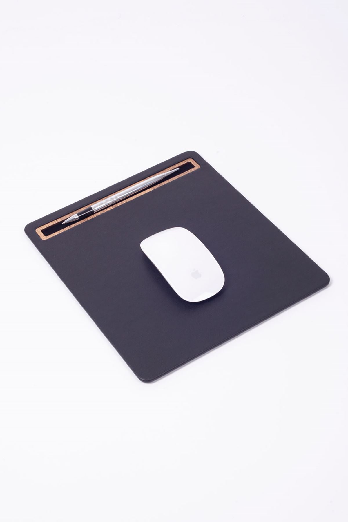 Leather Mousepad Plain Black Wood Detailed