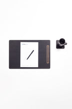 Leather Meeting Desk Black Vertical Wooden Detail 49x34cm