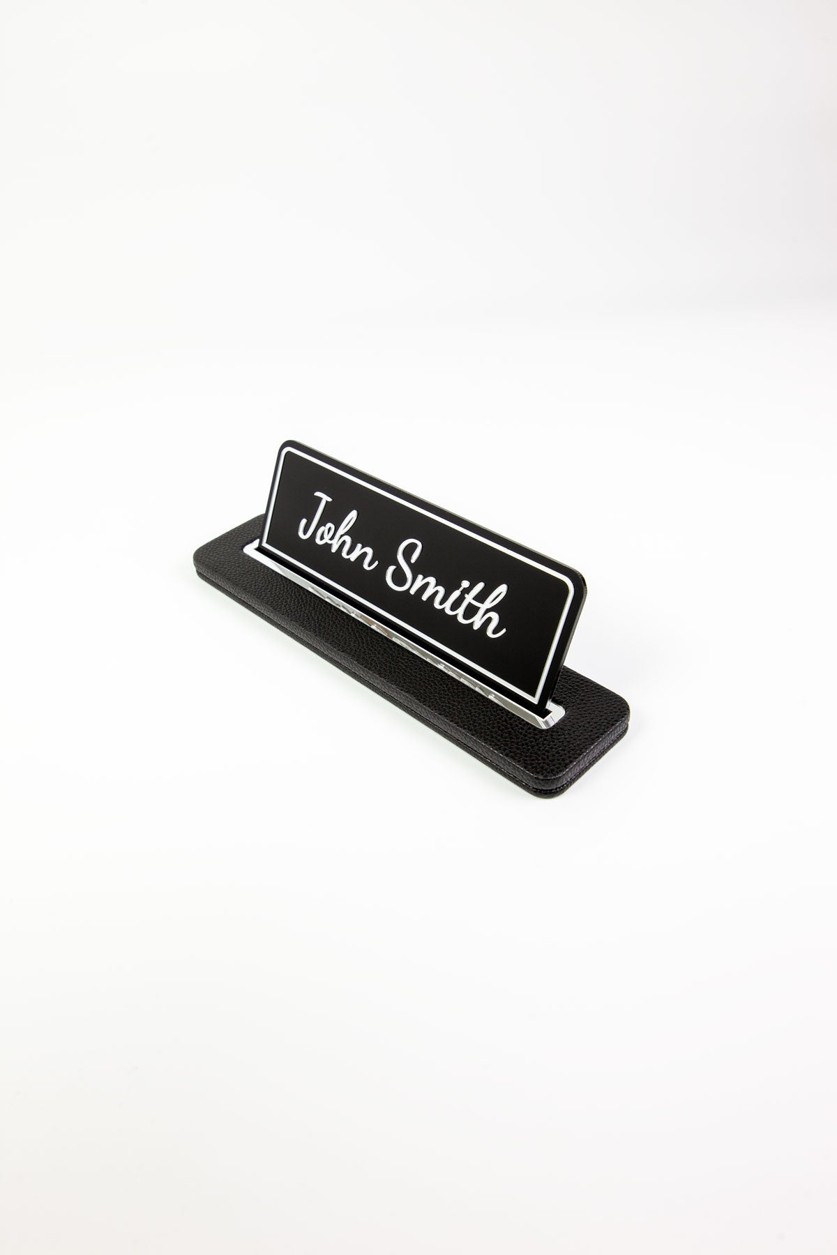 Leather Desk Nameplate Black Chrome Detailed