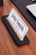 Leather Desk Nameplate Black Wood Detailed