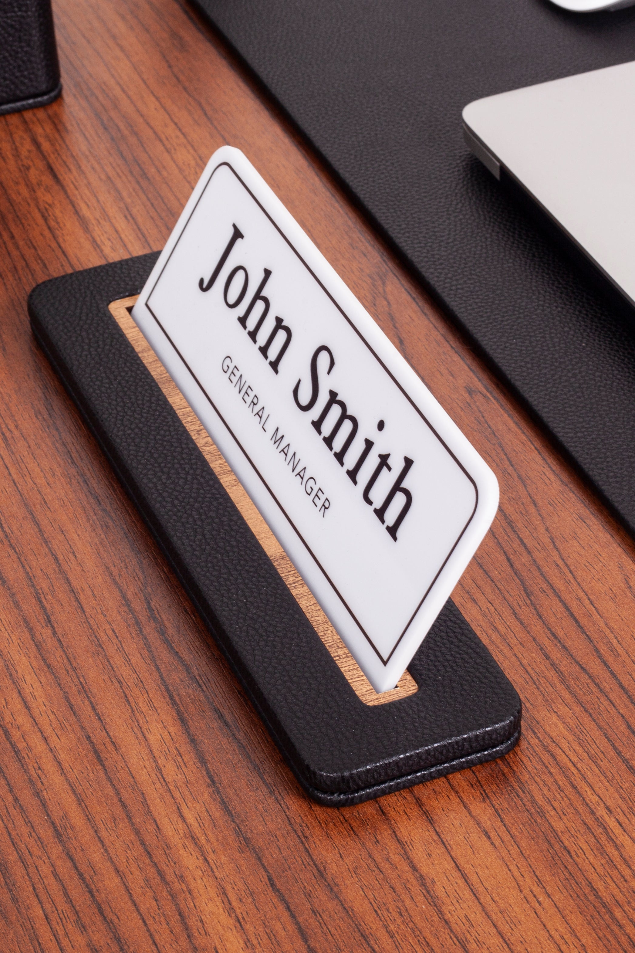 Leather Desk Nameplate Black Wood Detailed