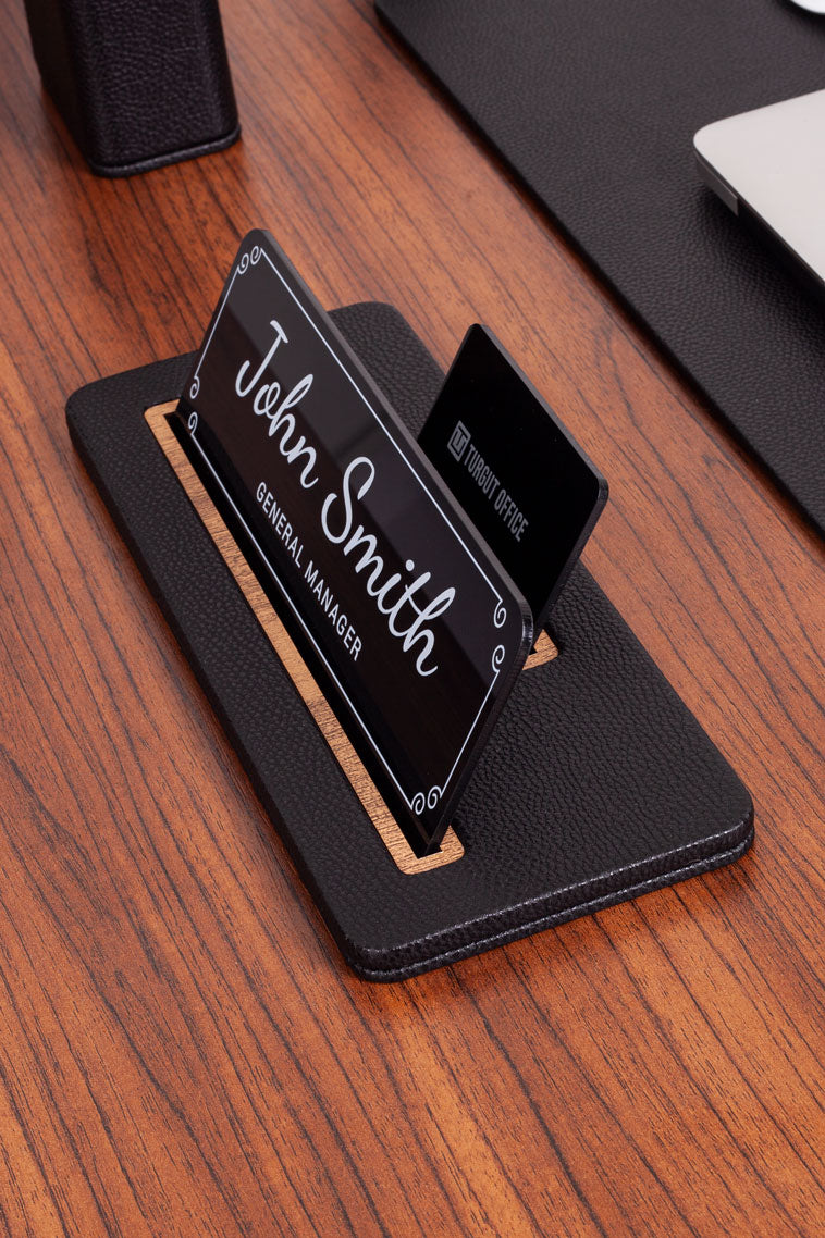 Leather Desk Nameplate Black Wood Detail - Nameplate and Business Card Holder