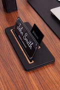 Leather Desk Nameplate Black Wood Detail - Nameplate and Business Card Holder