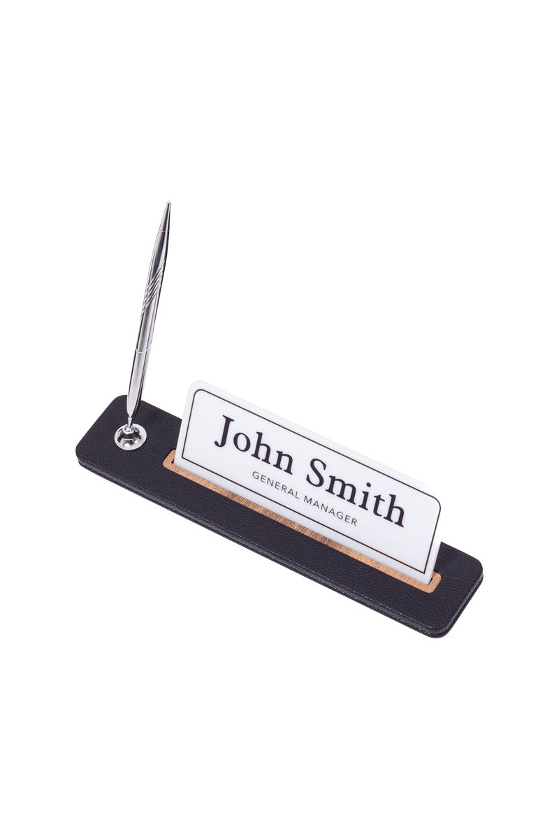 Leather Desktop Nameplate with Pen Black Wood Detail - Nameplate and Signature Pen