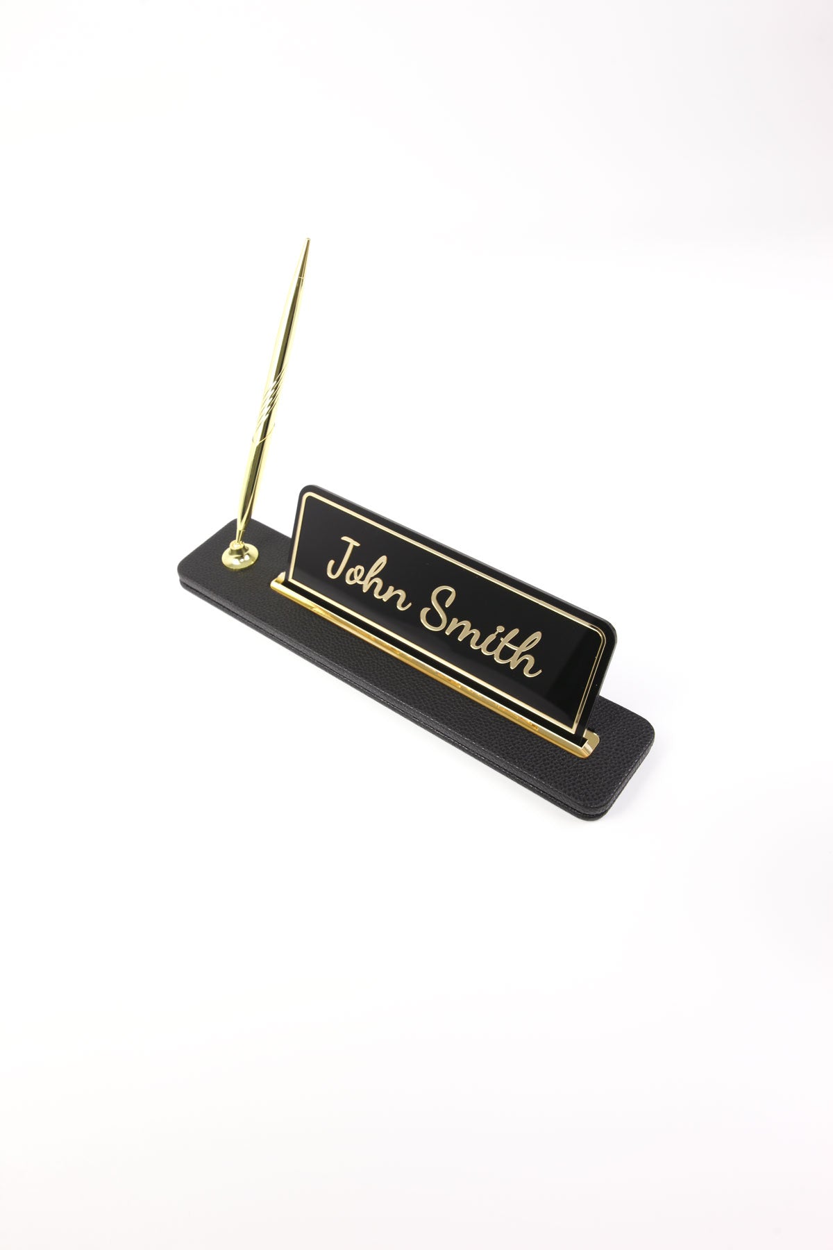 Leather Desktop Nameplate with Pen Black Gold Detailed - Nameplate and Signature Pen
