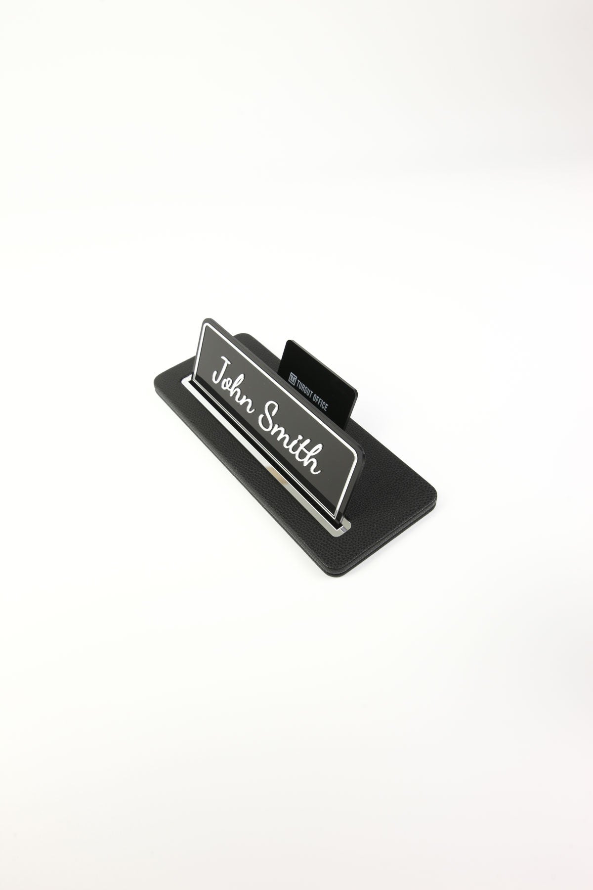 Leather Desk Name Holder Black Chrome Detailed - Name Holder and Business Card Holder
