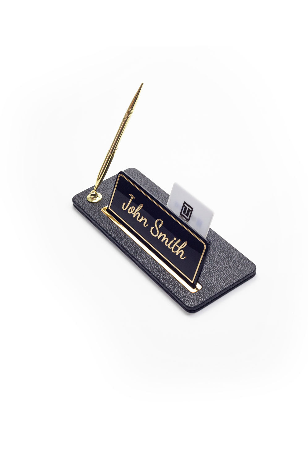 Single Pencil Leather Desk Name Holder Black Gold Detailed