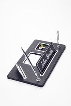 Organizer Leather Desk Nameplate Black Chrome Detailed