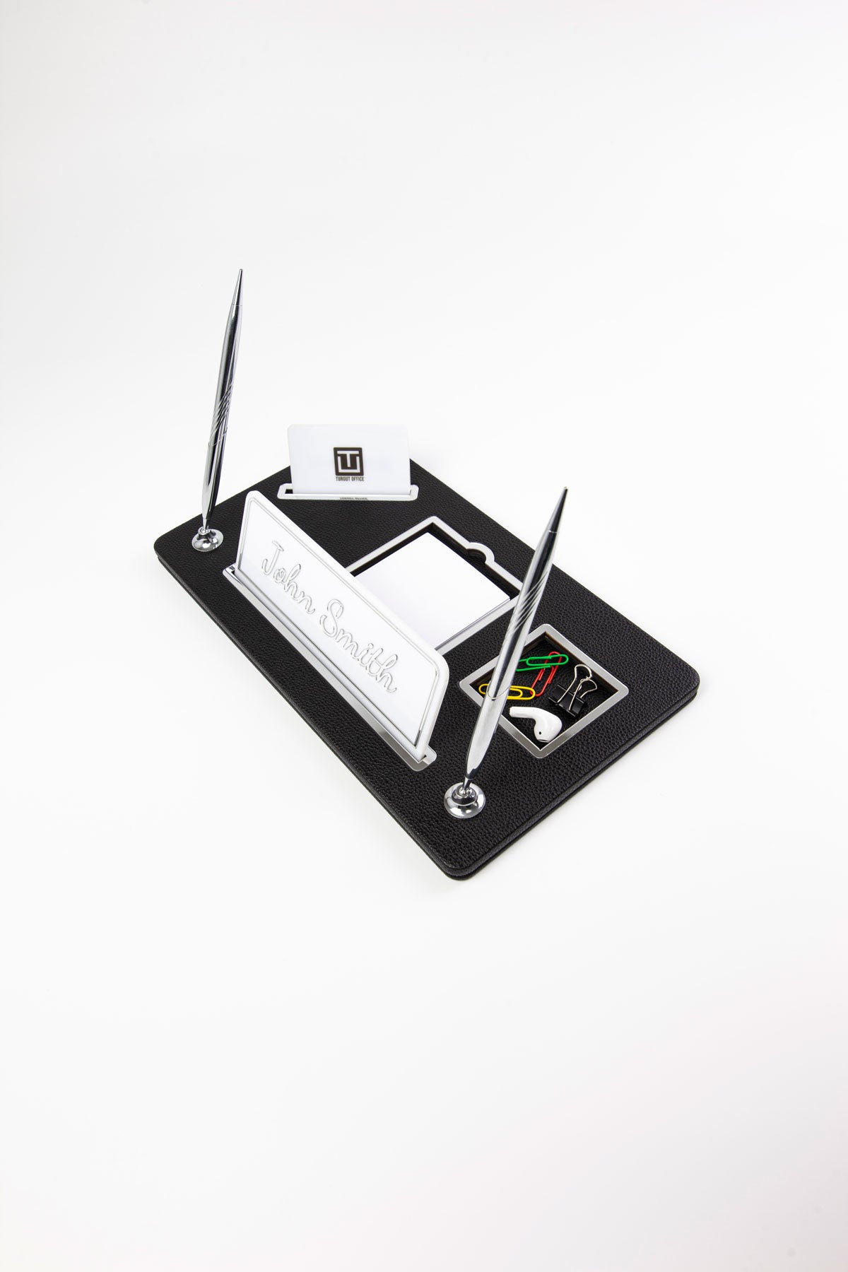 Organizer Leather Desk Name Holder with Two Pens Black Chrome Detailed