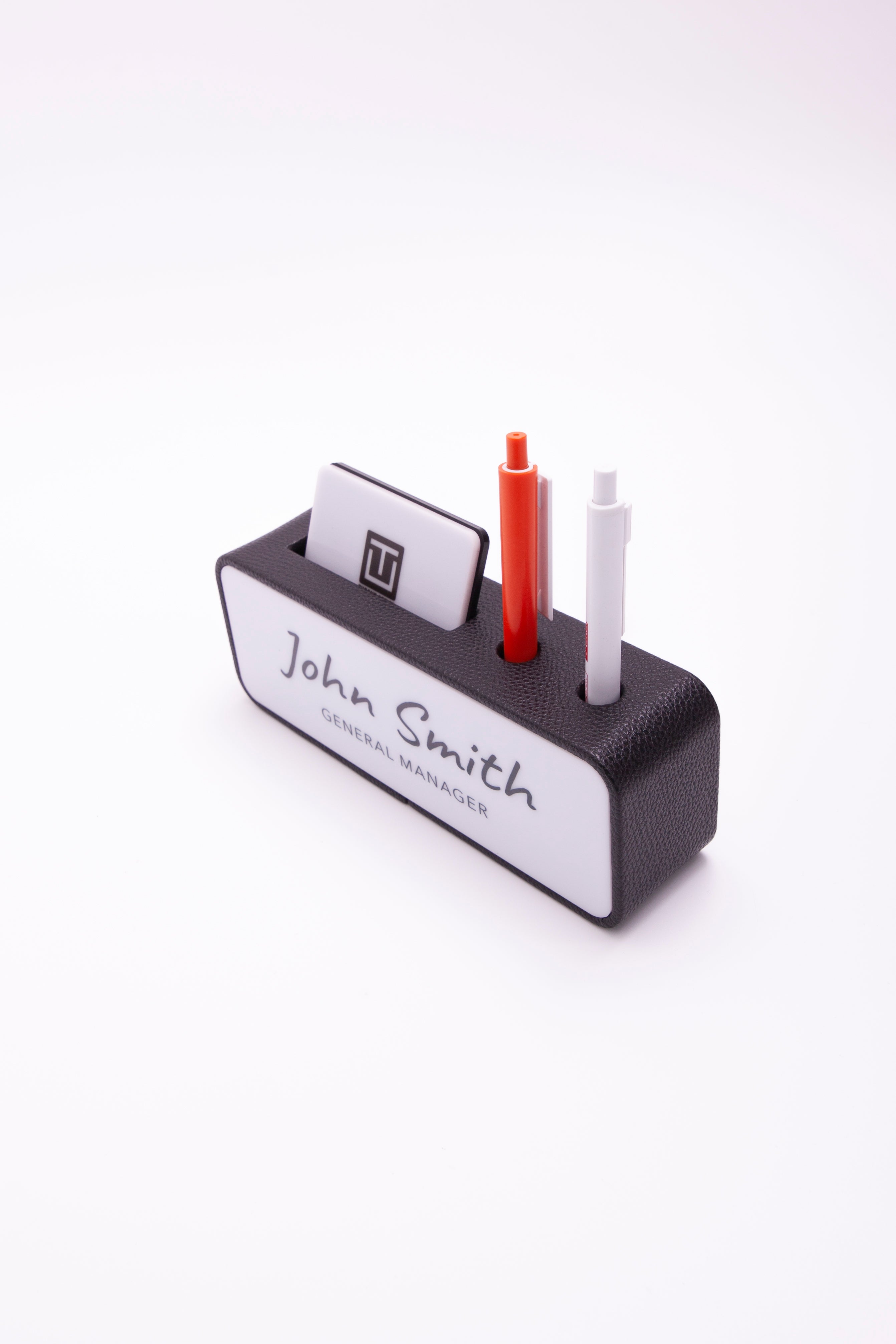 Leather Desk Nameplate with Black Pen and Business Card Holder, White Plate