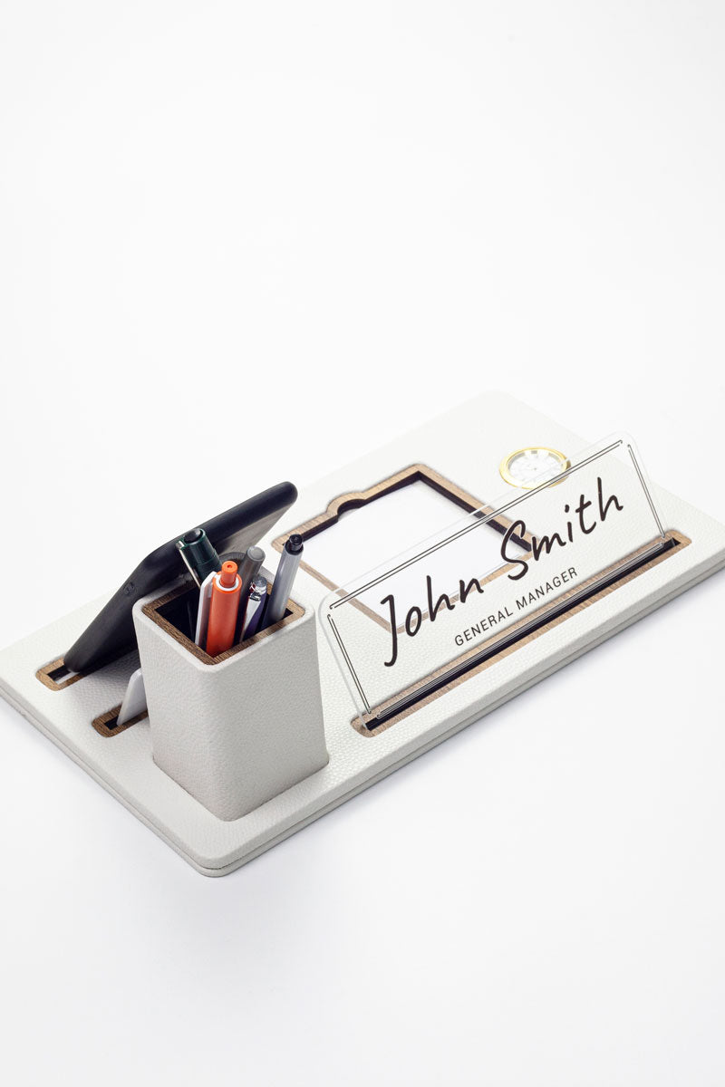 Desktop Nameplate Leather Organizer with White Wood Detailed Clock and Pen Holder