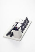 Desktop Nameplate Leather Organizer with White Chrome Detailed Clock and Pen Holder