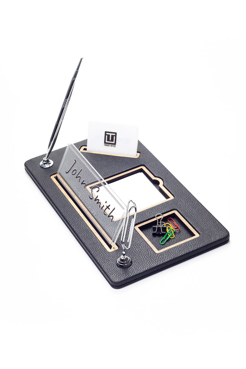 Organizer Leather Desk Nameplate Black Wood Detailed