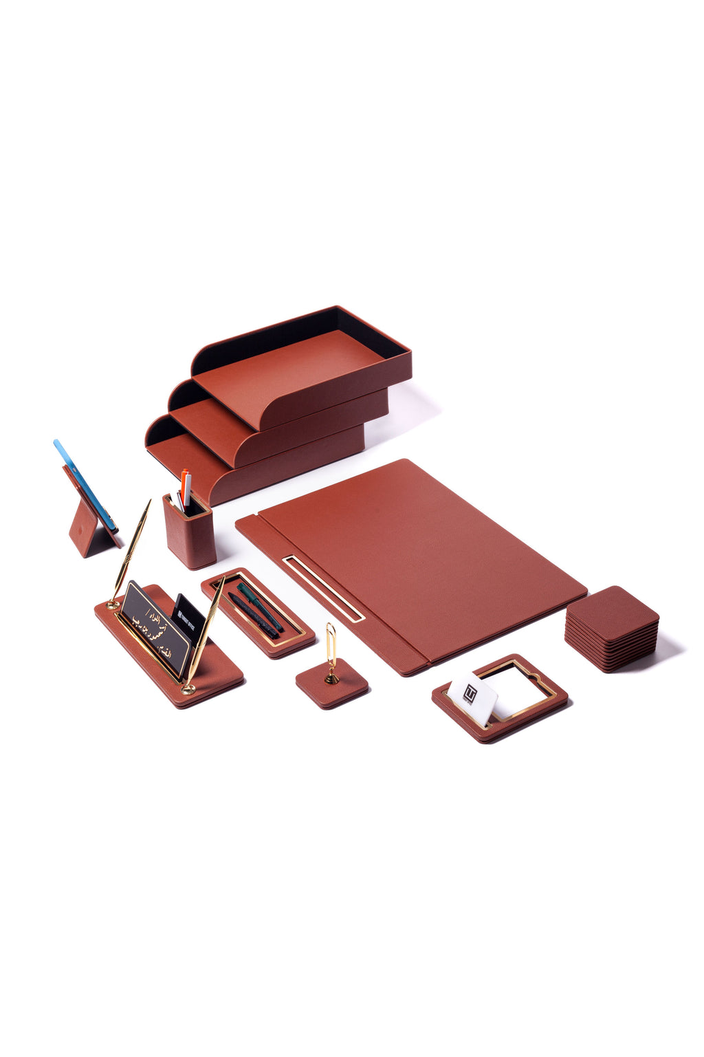 Capella Leather Desk Set Taba 11 Pieces Covered Model With Three Document Shelves