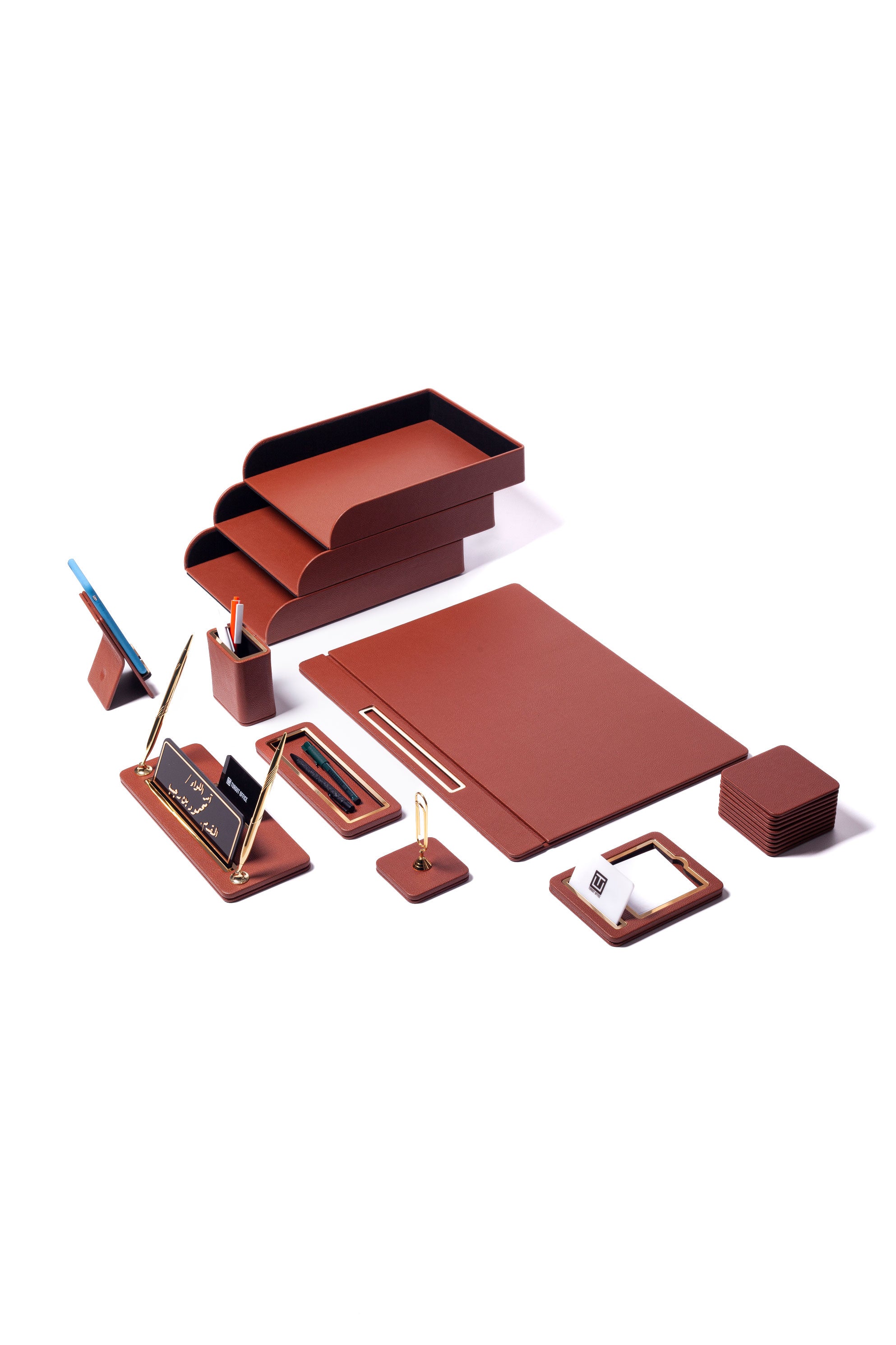 Capella Leather Desk Set Taba 11 Pieces Covered Model With Three Document Shelves