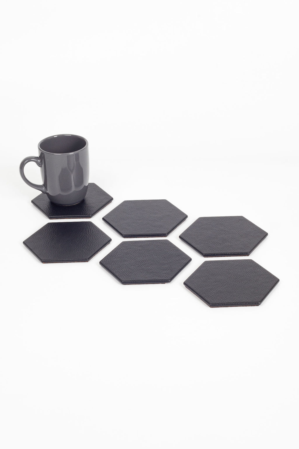 Leather Hexagonal Coaster Black 6 Pcs