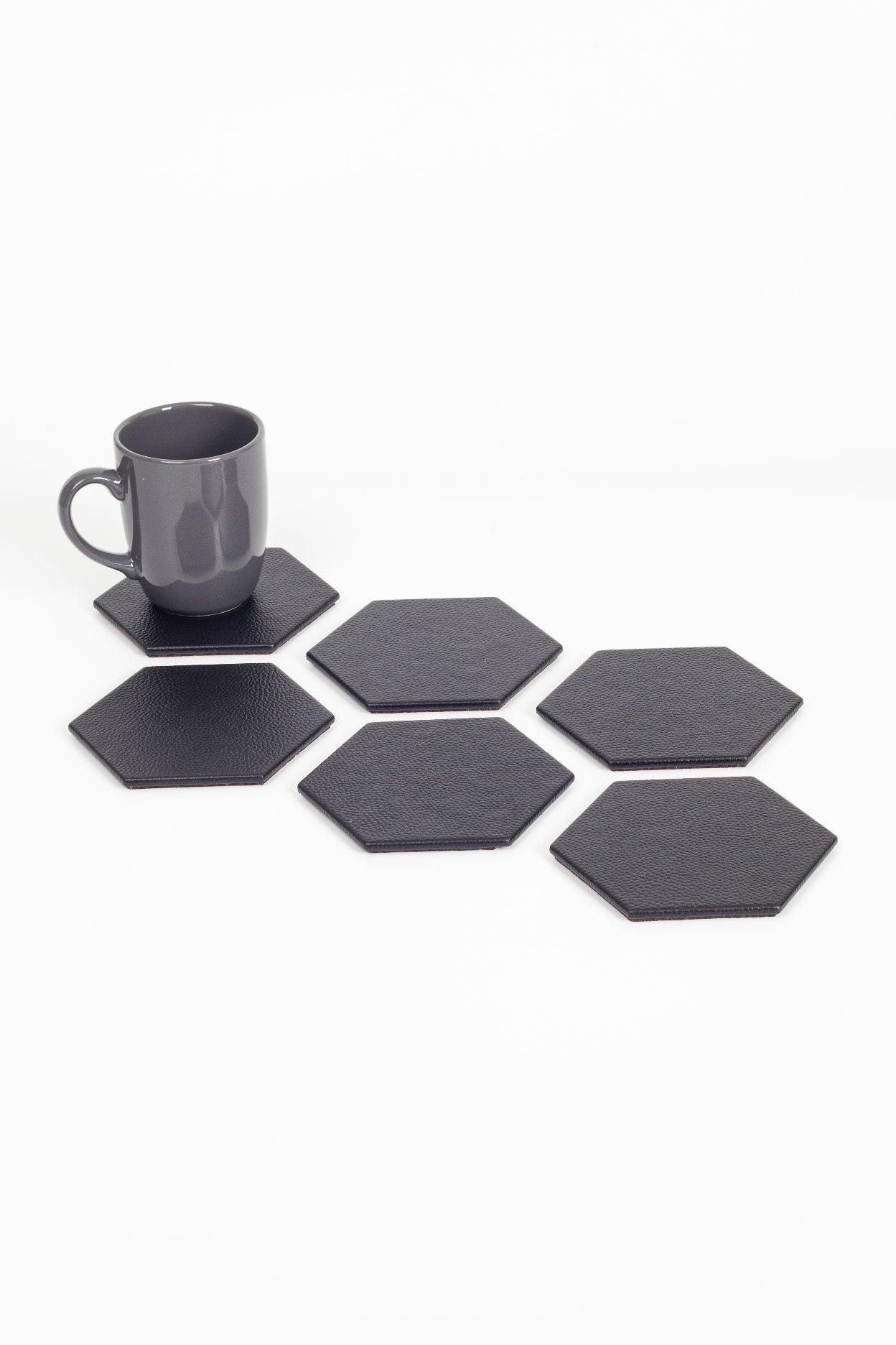 Leather Hexagonal Coaster Black 6 Pcs