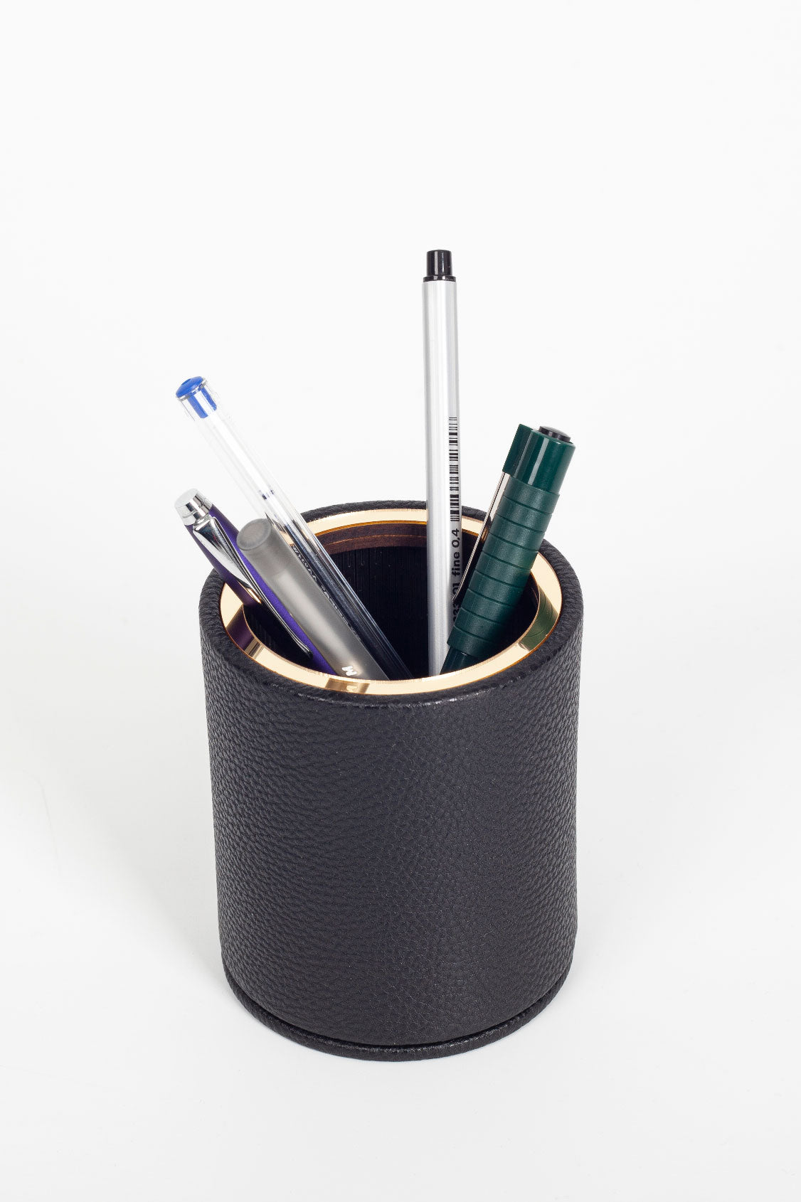 Desktop Leather Oval Gold Detailed Pencil Holder Black