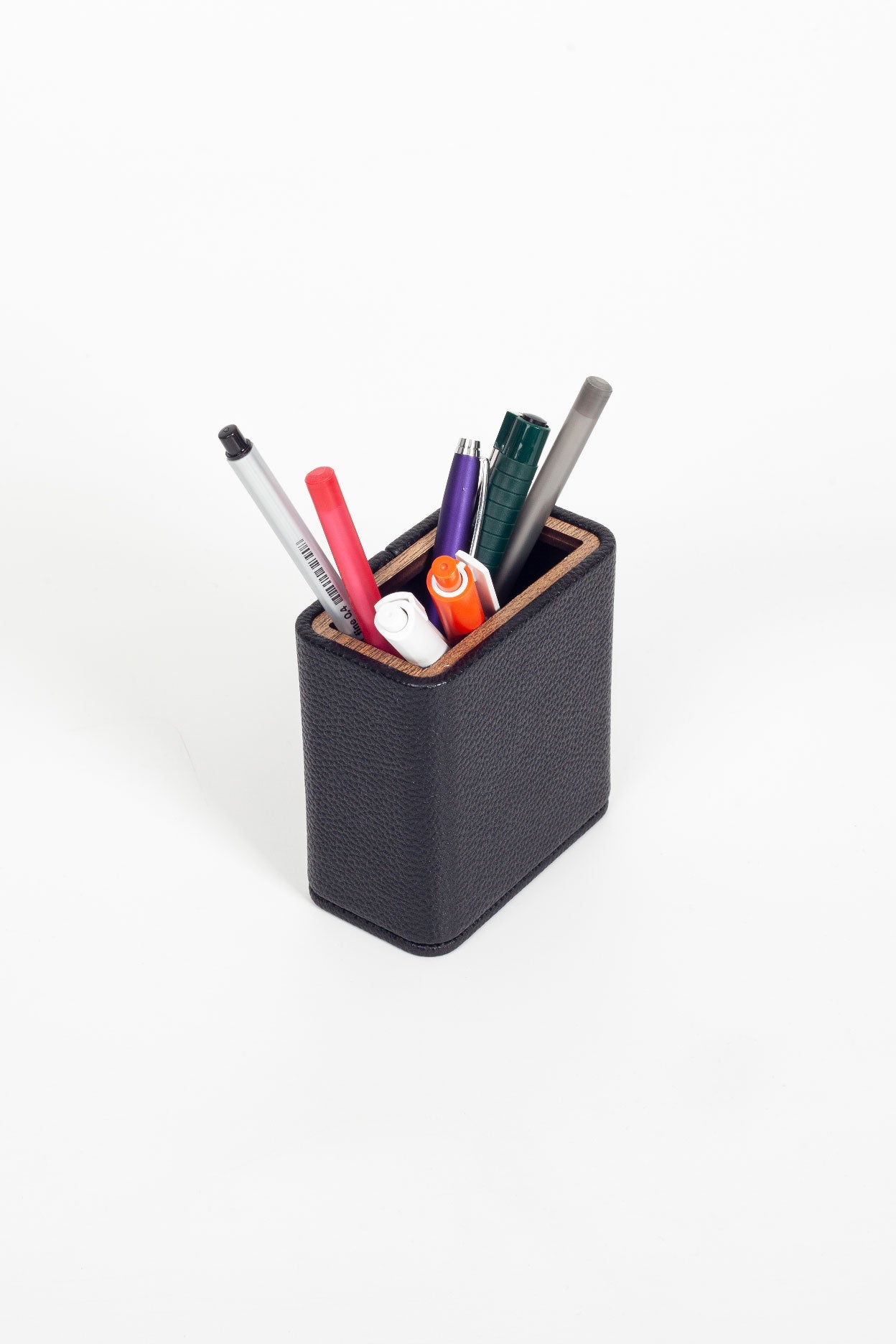 Desktop Leather Wood Detailed Pencil Holder Black