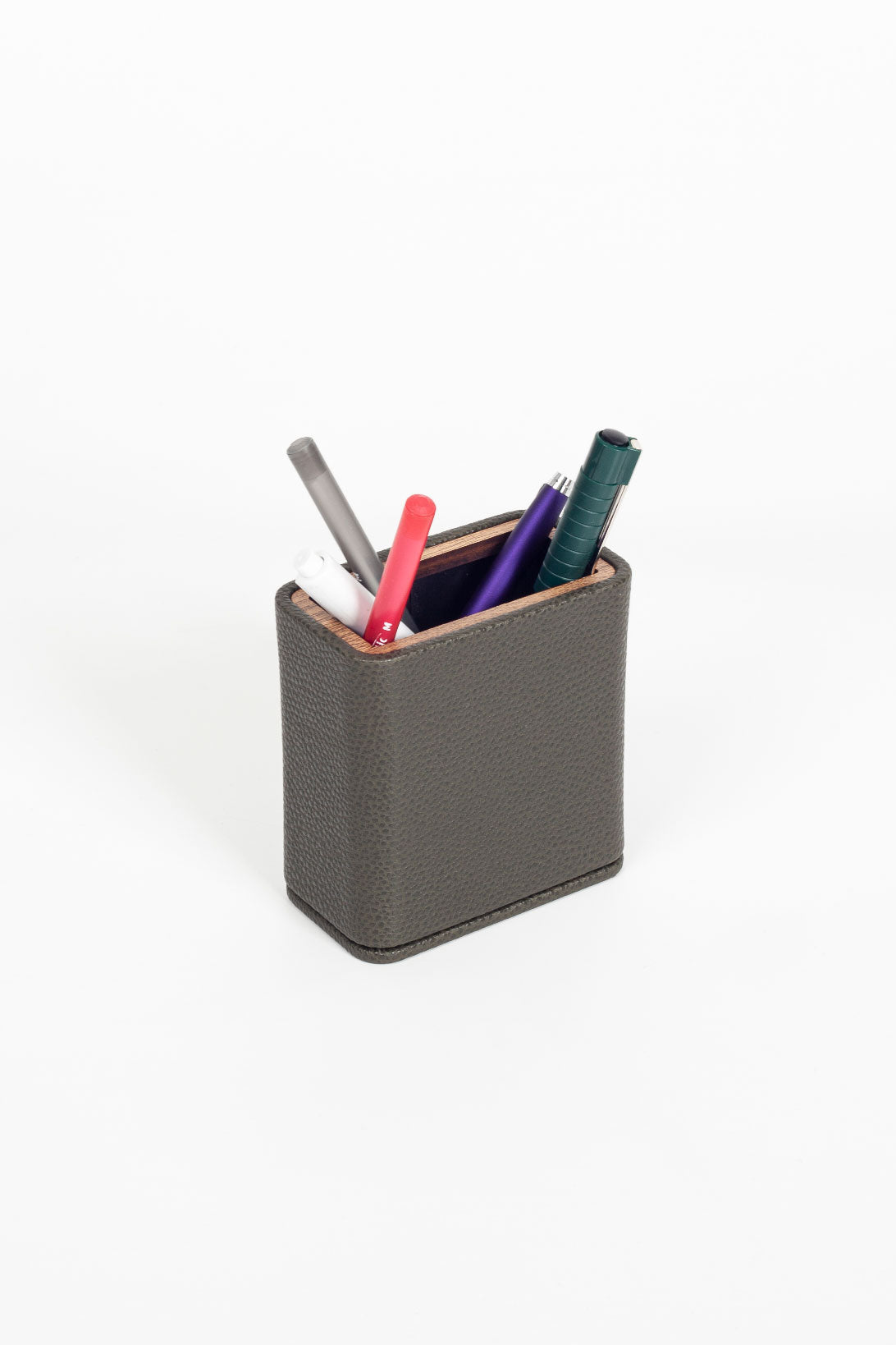 Desktop Leather Wood Detailed Pencil Holder Khaki Green