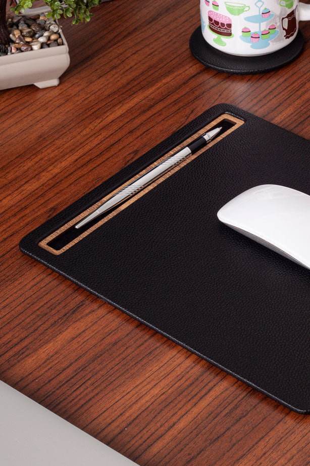Leather Mousepad Black Wood Detailed