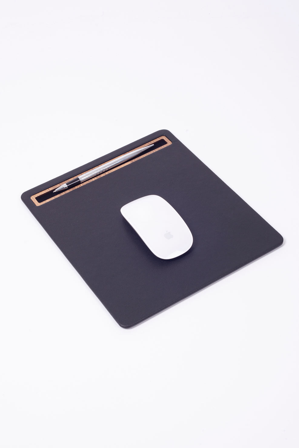 Leather Mousepad Plain Black Wood Detailed