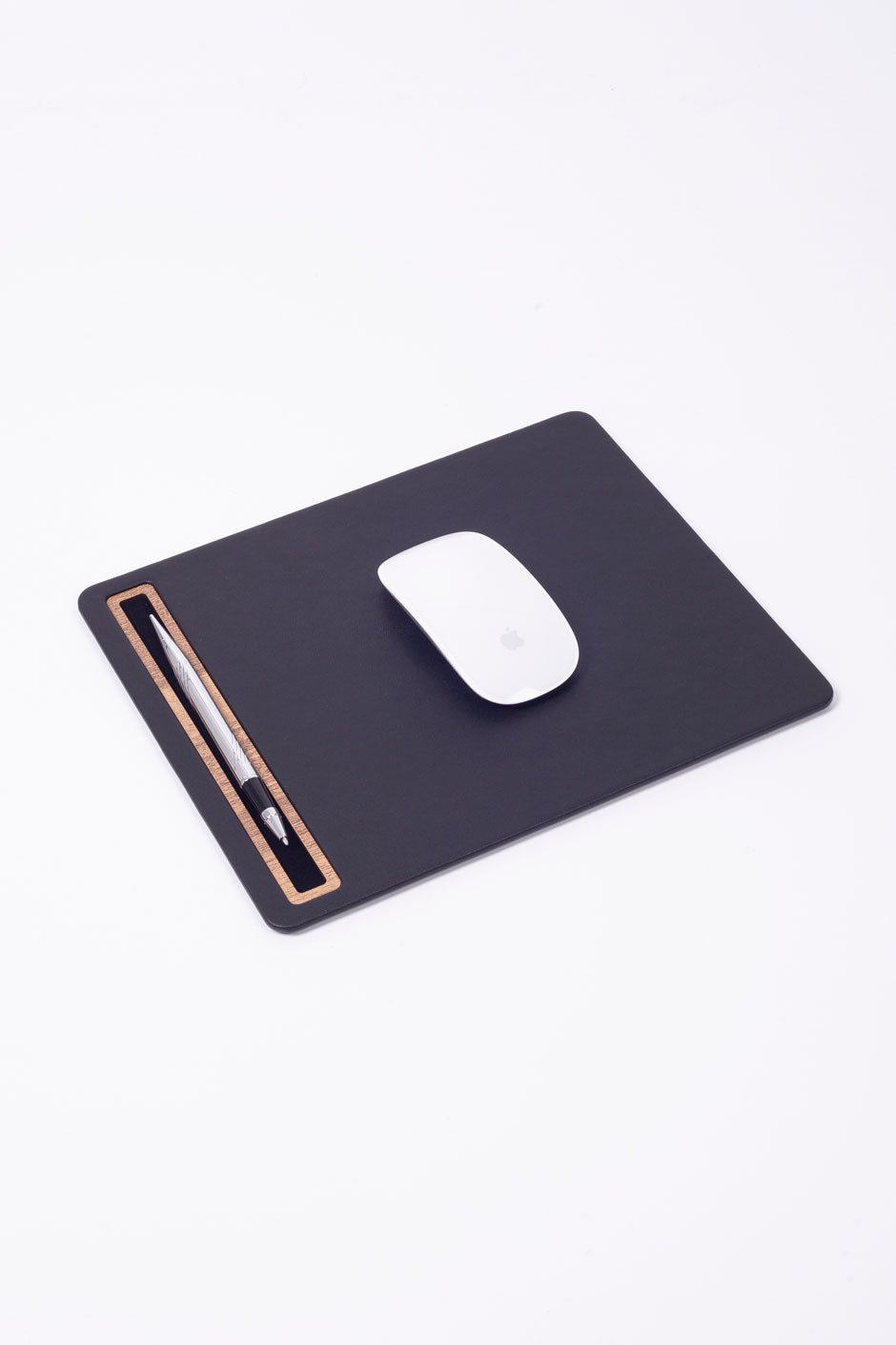 Leather Mousepad Plain Black Wood Detailed