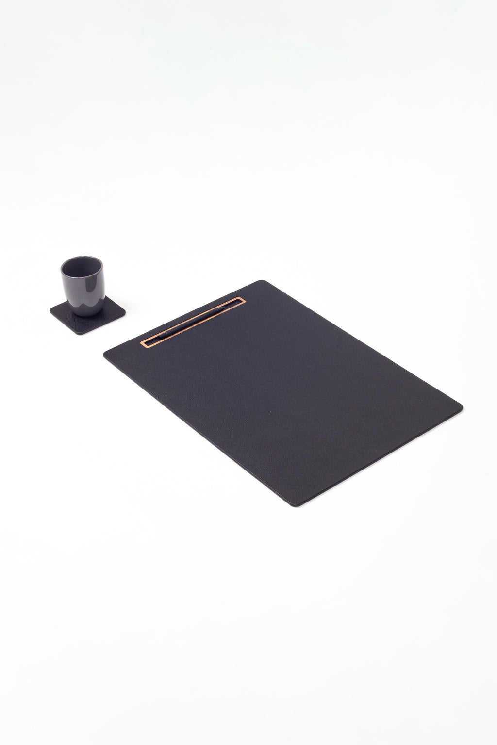 Leather Meeting Desk Black Vertical Wooden Detail 49x34cm