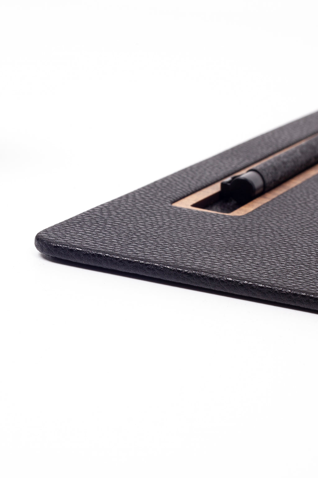 Leather Meeting Desk Black Vertical Wooden Detail 49x34cm