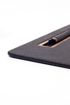 Leather Meeting Desk Black Vertical Wooden Detail 49x34cm