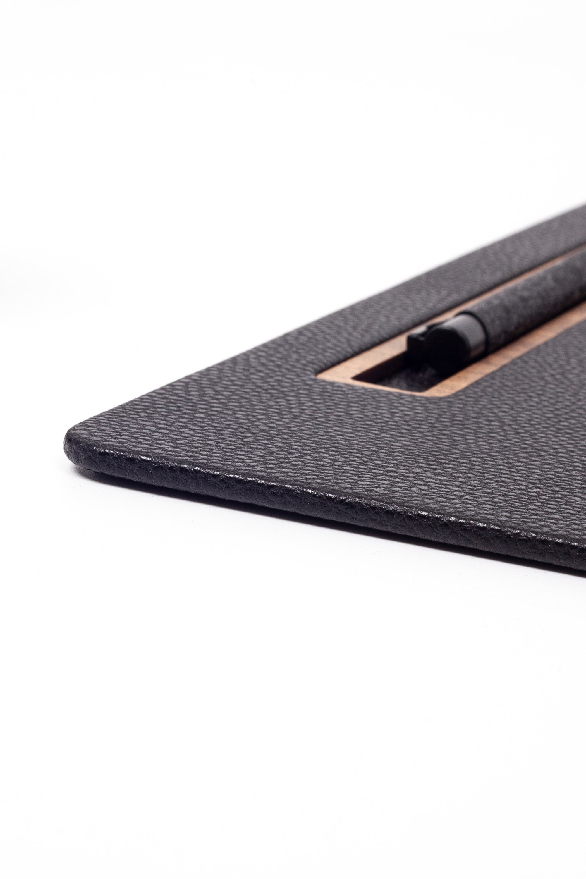 Leather Meeting Desk Black Vertical Wooden Detail 49x34cm