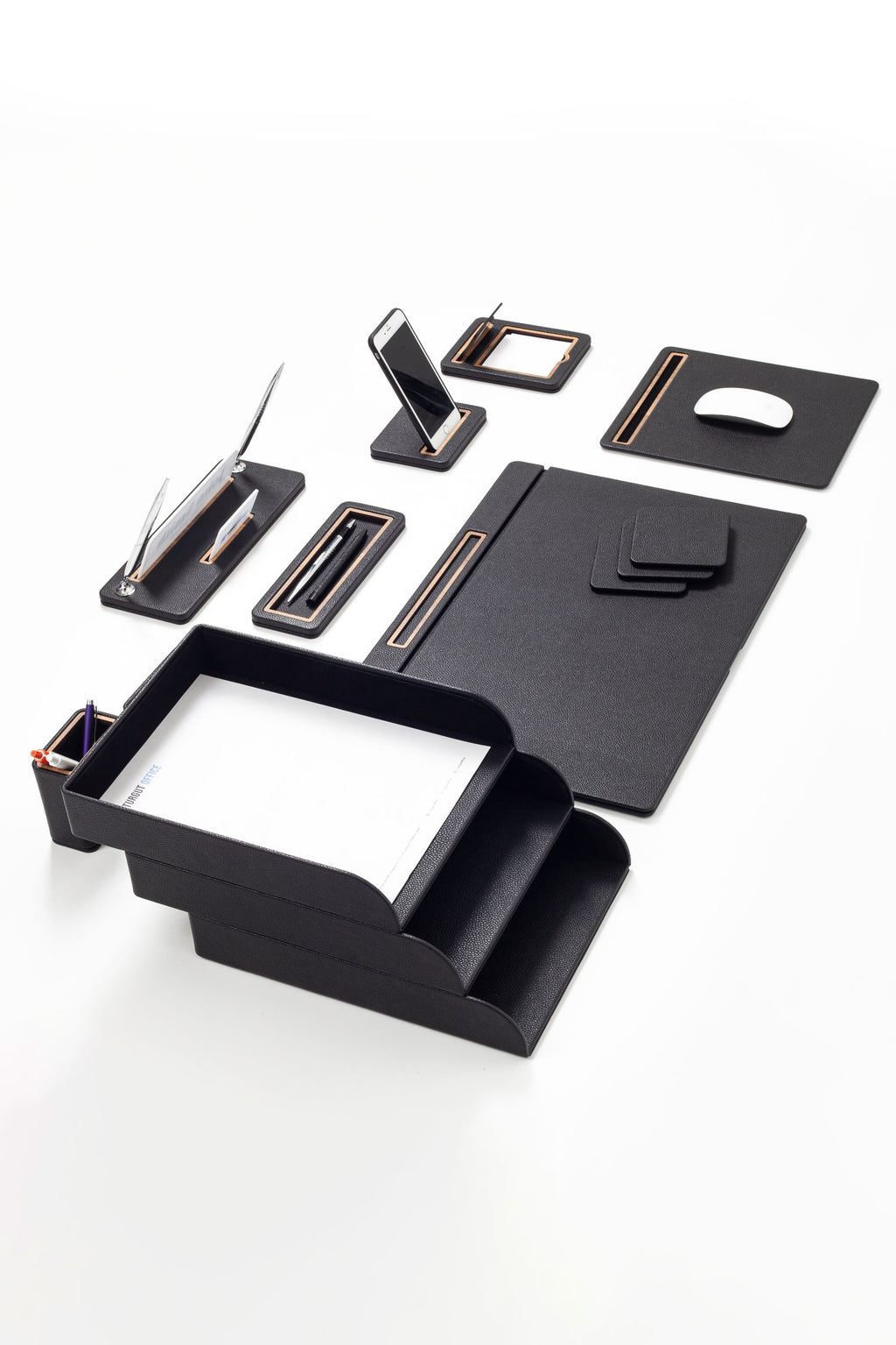 Capella Leather Desk Set 12 Pieces Covered Model With Three Document Shelves